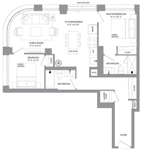 Floor plan for 2 beds, 2 baths, 846 sqft